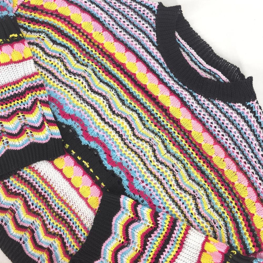 Colorful Crochet Knit Sweater Women Large Boho Bright Lagenlook Pullover Cottage